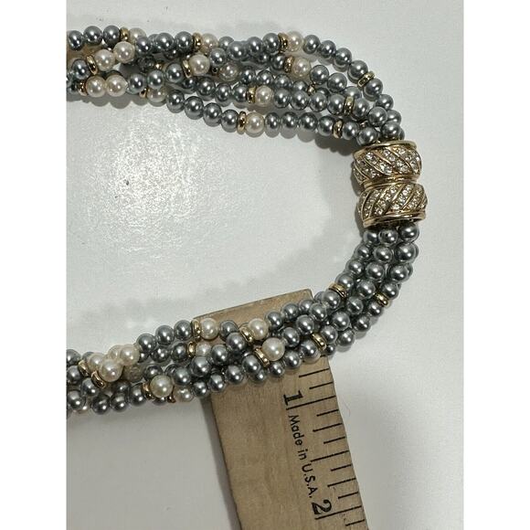 White & Silver-Blue Faux Pearl Six Strand Necklace Chocker Vintage Etch 2 Prym - Picture 6 of 11